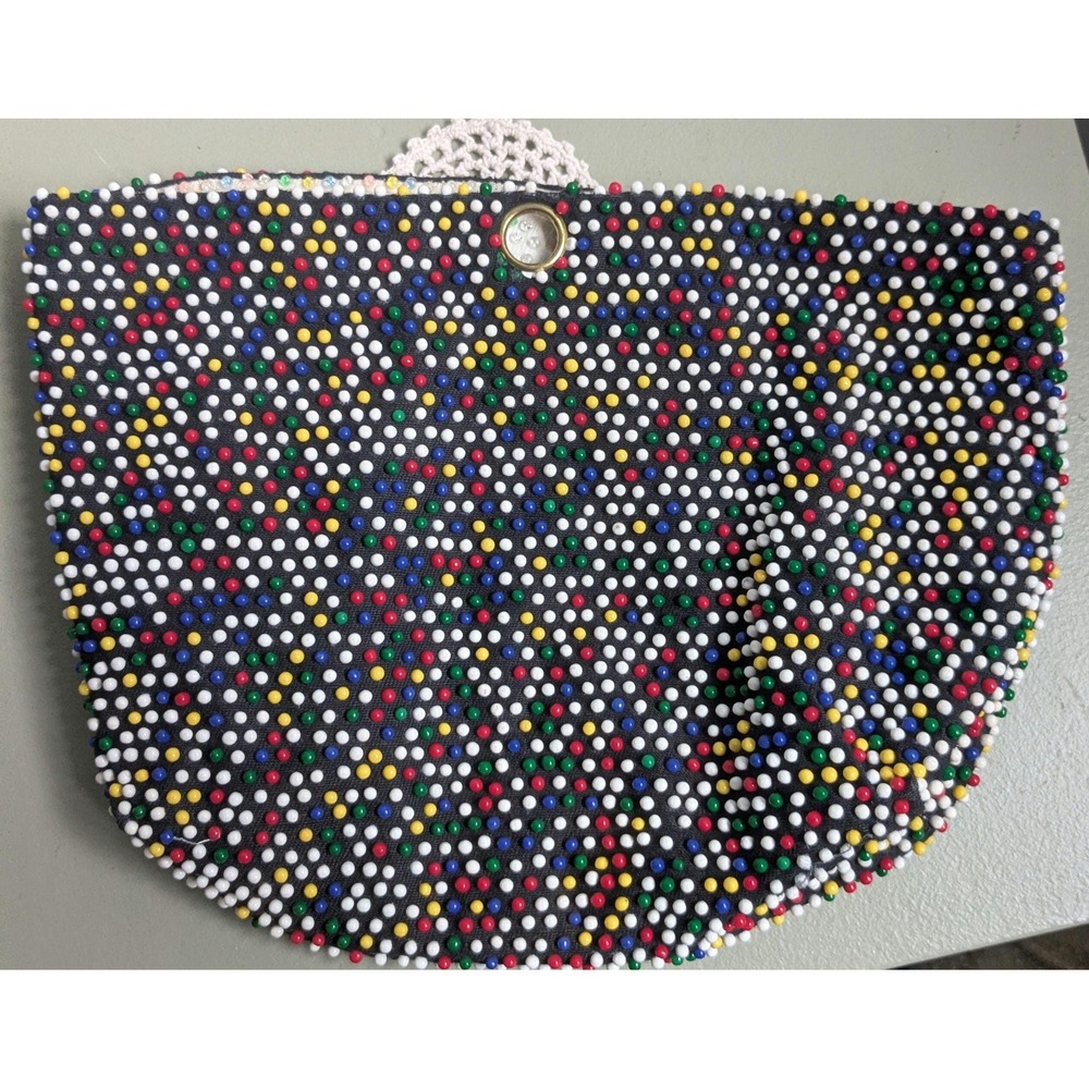 Vintage 1960s Multicolor Beaded Clutch Purse Black Evening Bag Handmade